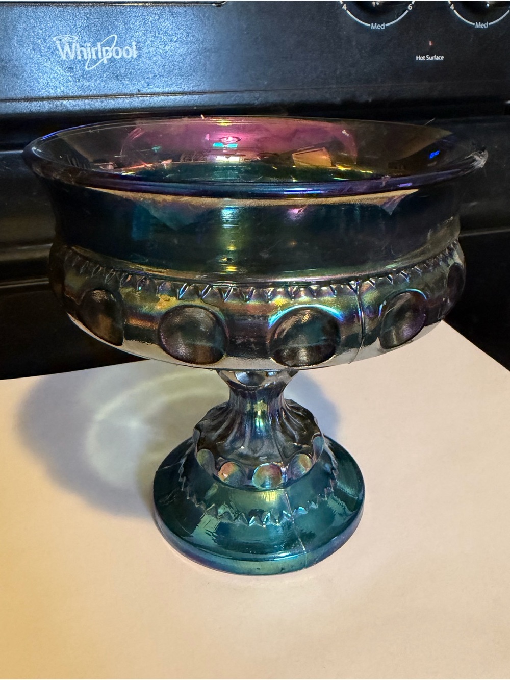Vintage Indiana Glass Co blue Carnival glass compote, “King’s Crown” pattern